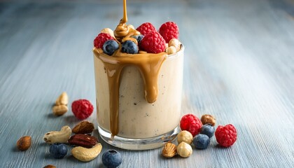 creamy smoothie topped with raspberries blueberries hazelnuts and peanut butter dripping over a glass