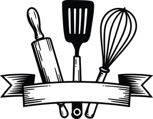 Monochrome Illustration of Kitchen Utensils Spoon Fork and Knife in Simple Style