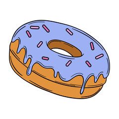 Appetizing donut doughnut with purple frosting and sprinkle. Glazed delicious pastry baked food with icing outline art