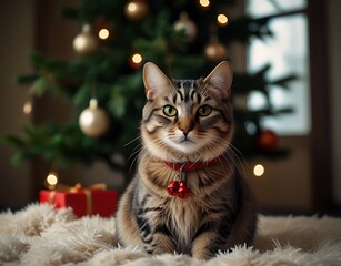 Fototapeta premium Cute tabby cat with red collar near christmas tree