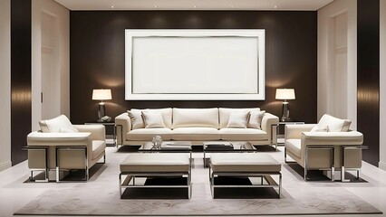 Living room interior with marble accents, minimalist decor, high-end modern aesthetic, large white mockup frame centered on textured dark wall, elegant lighting