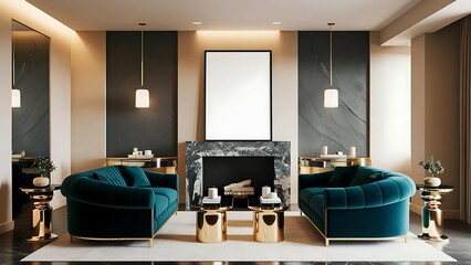 Luxury living room interior with marble accents, green sofa, tables, minimalist decor, high-end modern aesthetic, large white mockup frame centered on textured dark wall, elegant lighting