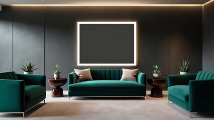 Luxury living room interior, modern sofa, tables, small plant pots , minimalist decor, high-end modern aesthetic, large white mockup frame centered on textured dark wall, elegant lighting