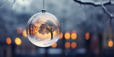 A snow-covered tree with a single branch extending into the frame, set against a blurred, snowy background with soft, warm lighting.