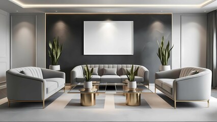 Luxury living room interior, modern gray sofa, tables, small plant pots , minimalist decor, modern aesthetic, large white mockup frame, elegant lighting
