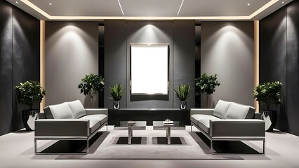 Luxury living room interior, modern sofa, tables, small plant pots , minimalist decor, high-end modern aesthetic, large white mockup frame centered on textured dark wall