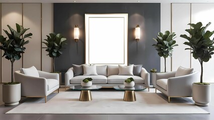 Luxury living room interior, modern sofa, minimalist decor, large white mockup frame centered on textured dark wall