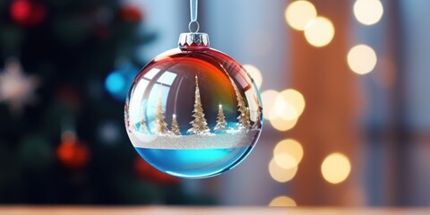 A colorful Christmas ornament with a snow-covered forest scene inside, hanging from a tree with lights in the background.