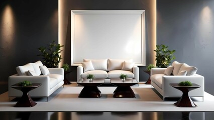 Modern living room interior, minimalist decor, high-end modern aesthetic, large white mockup frame centered on textured dark wall