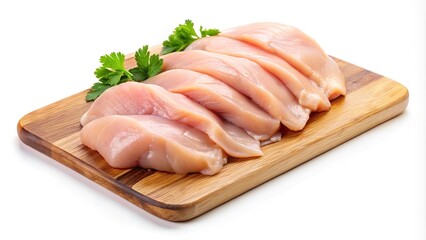 Freshly Sliced Chicken Breast Cutlets on a Wooden Cutting Board Isolated