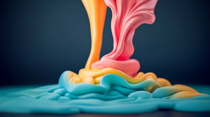 Vivid, swirling streams of pink, orange, and teal liquid create a dynamic, abstract sculpture against a dark background