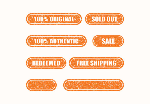 Grunge Rubber Stamp Chop Style Vector Sign Label Set - 100% Original, Sold Out, Authentic, Sale, Redeemed, Free Shipping, Blank Round Corner Rectangle Bar Text Box