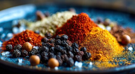 Colorful spice blend on a plate.  A mix of various ground spices and whole peppercorns, forming a vibrant mound