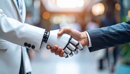 Robot hand shaking human hand, close-up, AI concept, neutral background