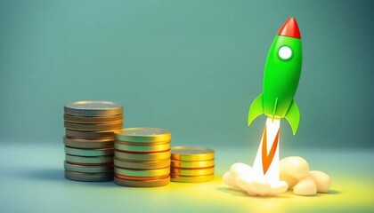 Financial Growth and Investment Success: A Rocket Launching from Stacks of Coins