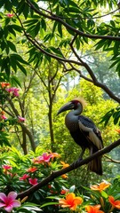 Obraz premium Exotic Hornbill Perched on Branch Amidst Lush Greenery and Blooming Flowers