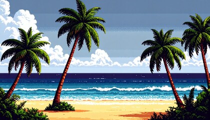 【ドット絵風】ヤシの木のあるビーチのイラスト