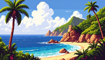 【ドット絵風】ヤシの木のあるビーチのイラスト