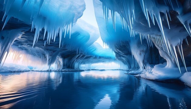 a mesmerizing 3d background of a crystalline ice cave where frozen blue formations glisten under soft ambient lighting the floor is covered in a thin layer of water reflecting the intricate frozen