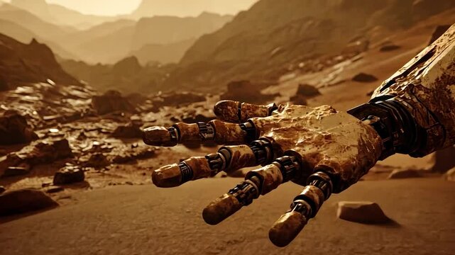 Rusty robotic hand reaching out in a Martian landscape