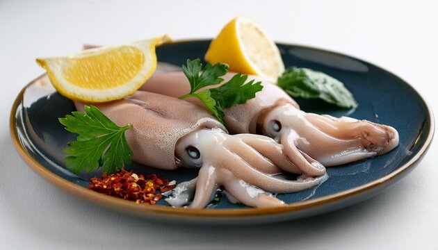 close up of cleaned loligo squid garnished with curry leaves tomato lemon and herbs against a white backdrop