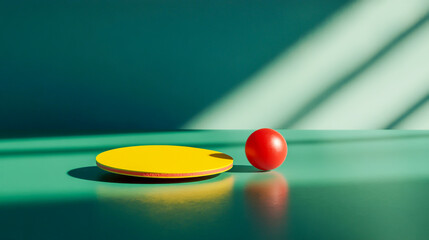 Red Ping Pong Paddle and Yellow Ball on Green Table, Classic Sports Game