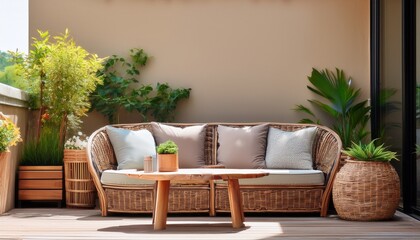 a patio with a wicker sofa a wooden coffee table and plants
