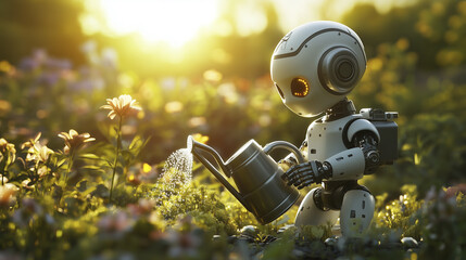 A robot with a camera on its head is watering flowers in a garden at sunset.