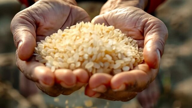 hands holding white rice grains close up, concept of rice farming, food production, food industry