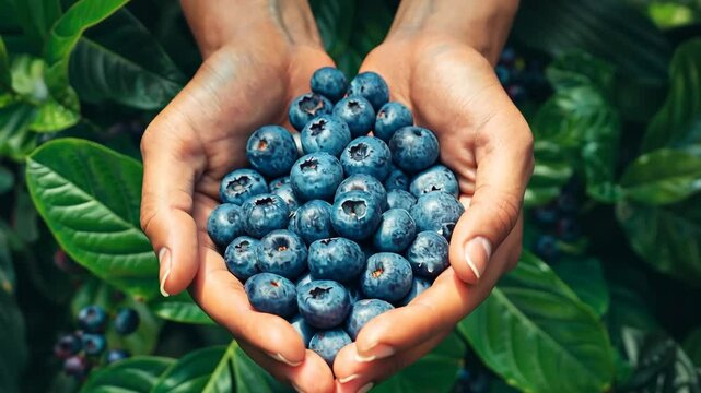 hands holding fresh blueberries, berry farming concept, healthy eating, food industry