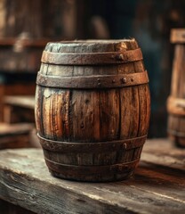 Fototapeta premium A weathered wooden barrel, bound with rusty iron hoops, rests on a worn wooden surface in a dimly lit setting