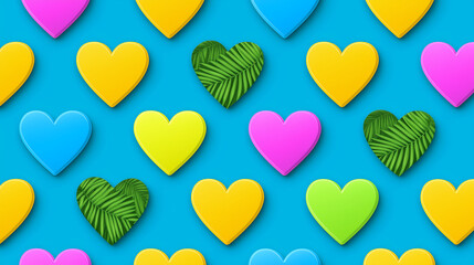Tropical hearts with vibrant colors and palm leaf patterns on a bright blue background