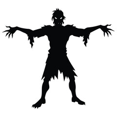 Fototapeta premium Silhouette of Ragged Undead Monster with Glowing Eyes on White Backdrop