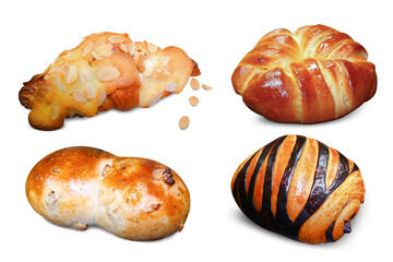 Assorted baked goods including almond croissant, soft sweet roll, chocolate swirl pastry, and rustic nut bread on transparent background for bakery or menu use

