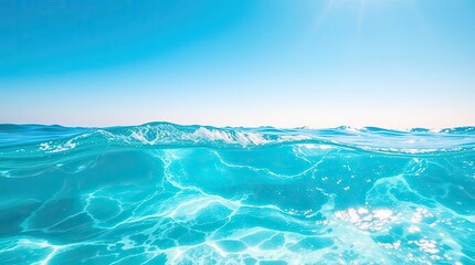 Stunning underwater view of crystal clear turquoise ocean water with bright sunlight.