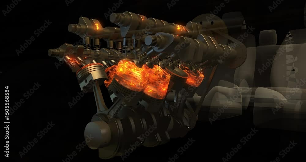 Fototapete Dynamic View of V8 Engine Parts Inside a Futuristic Wireframe Car. Industry And Technology Related 3D Animation.