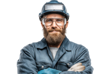 Welder worker proudly showcasing skills with protective gear on clear background