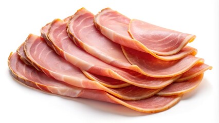 Close up of several appetizing thin slices of prosciutto ham on white