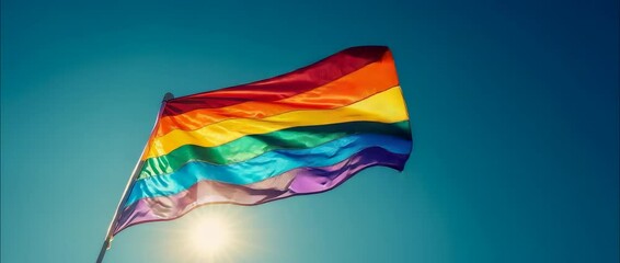 A colorful rainbow flag waves gracefully against a bright blue sky, illuminated by sunlight. This vibrant image symbolizes pride, diversity, and unity in a celebration of love and acceptance. - Powered by Adobe