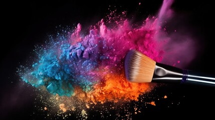 A makeup brush with colorful powder on it, against a black background.