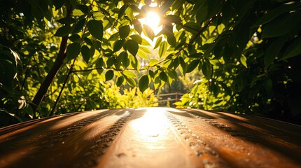 Sunlight filtering through lush green foliage onto a wooden surface on a sunny day