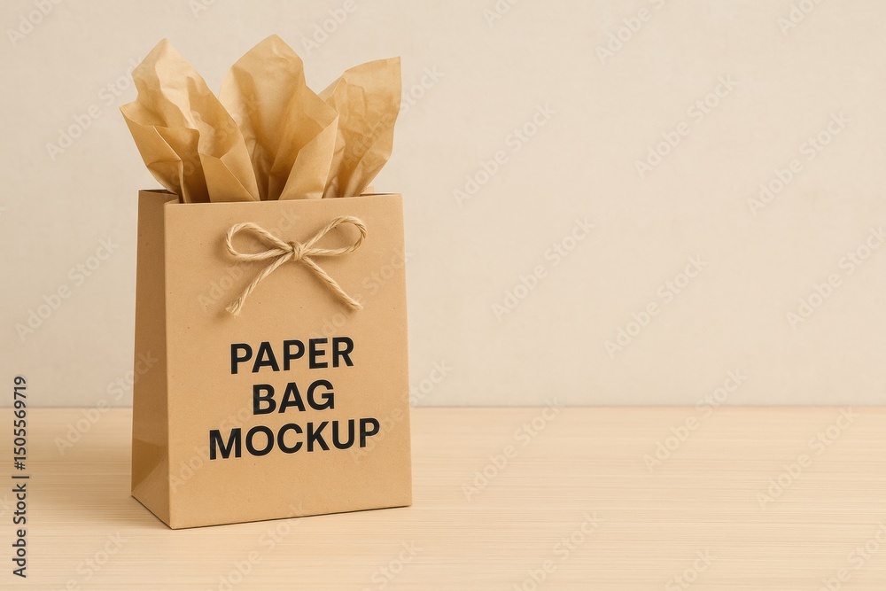 Leinwandbilder mockup of a brown paper bag with decorative tissue paper inside on a wooden surface in a minimalisti