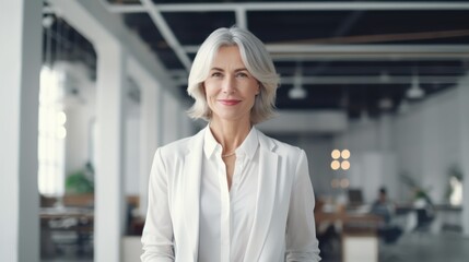 A mature woman with gray hair standing in a modern office space.