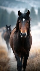 Fototapeta premium Horses wander down a misty path in a serene landscape surrounded by soft light and blurred forest background
