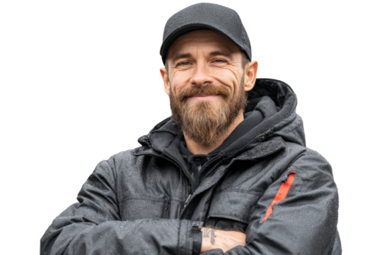 Portrait of a dedicated truck driver smiling confidently in an outdoor setting