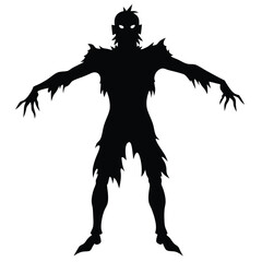 Spooky Zombie Silhouette Illustration with Glowing Eyes, Tattered Clothes, and Claws