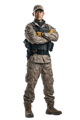 Military officer stands confidently with arms crossed in camouflage uniform