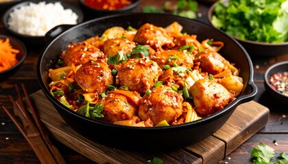 Fototapeta premium Dakgalbi Stir-Fry in Cast Iron Pan. Traditional Korean Food