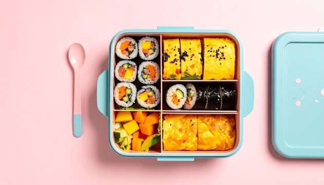 Kimbap Lunchbox with Fruit and Egg Roll. Traditional Korean Food
