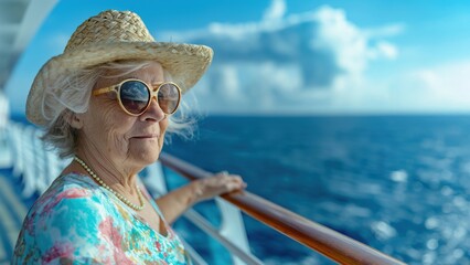 Elegant older woman looking toward the ocean with peaceful expression